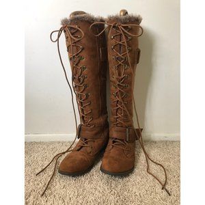 Lace Up Furry Knee High Boots